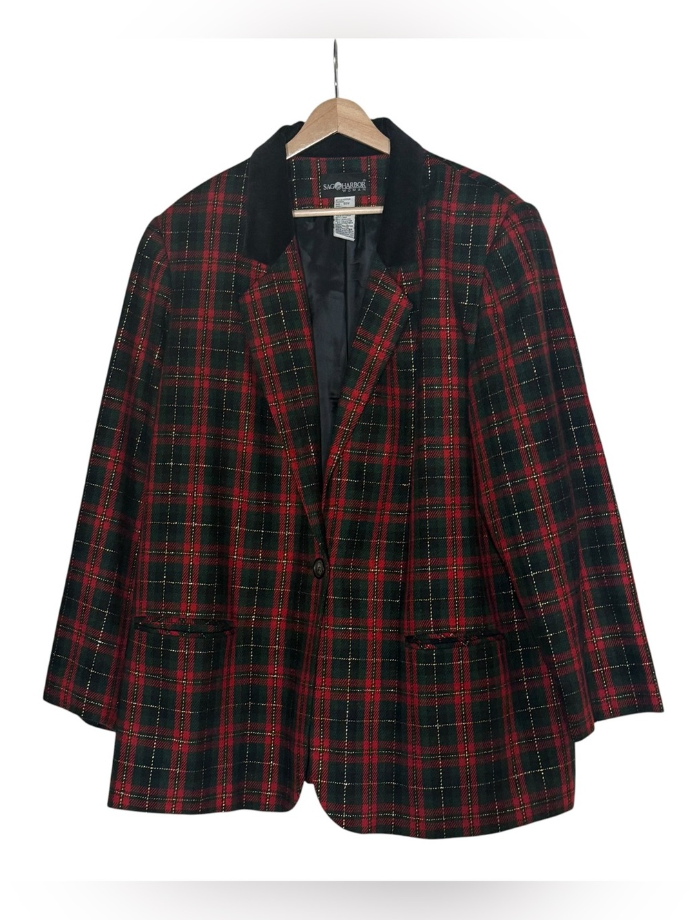 Sag Harbor Wool Blend Plaid Boxy Blazer Size 20W Christmas Holiday Velvet Collar